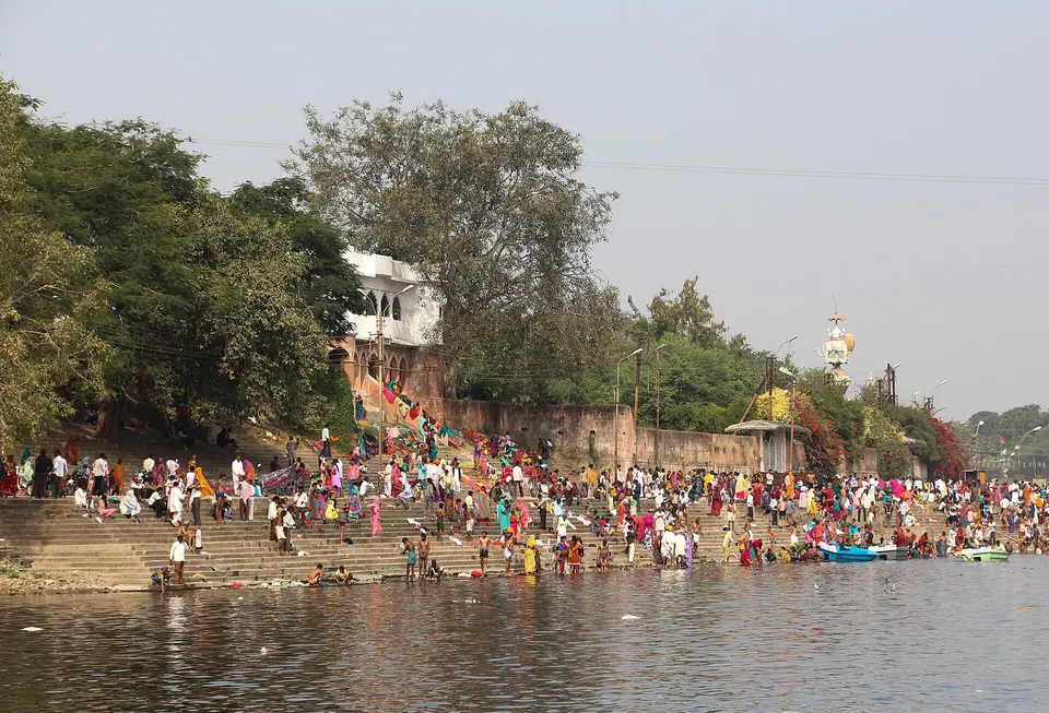 Ram Ghat on the Shipra River in Ujjain, with steps leading down to the water