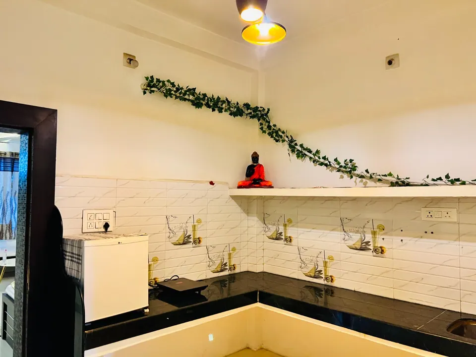 Kitchen counter with hanging vine decor at AP Suite, AP Villas Ujjain